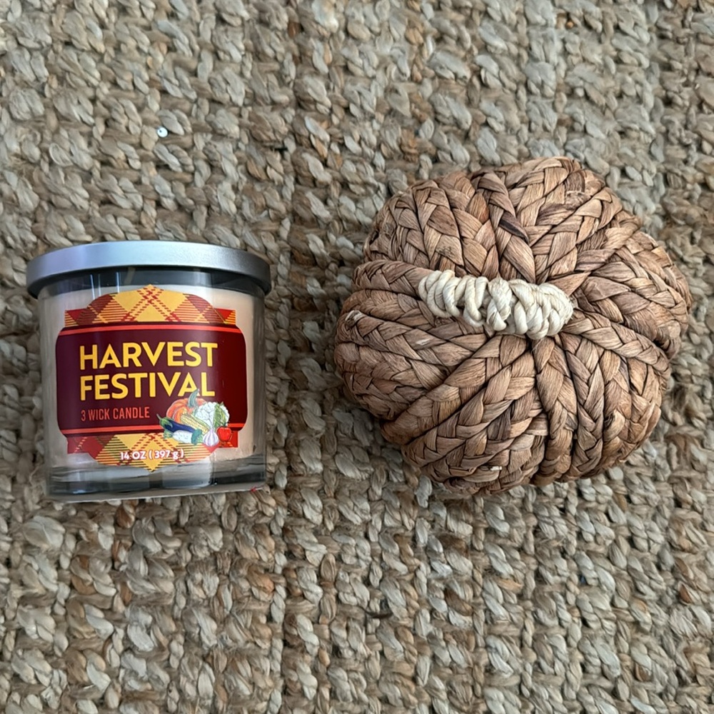 HALLOWEEN FALL THANKSGIVING CANDLE  HOME DECOR RATTAN PUMPKIN BUNDLE